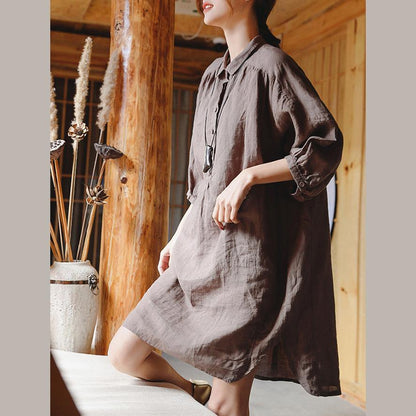 Chocolate Linen Shift Dress Clothing Linen Clothing Dresses Three Quarter Sleeve Baggy Dresses Peter Pan Collar Dresses