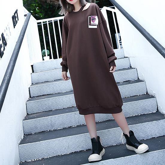 Chocolate Print Cotton Blended Knee Dress Baggy Dresses Fine Asymmetrical Collar Knee Dresses