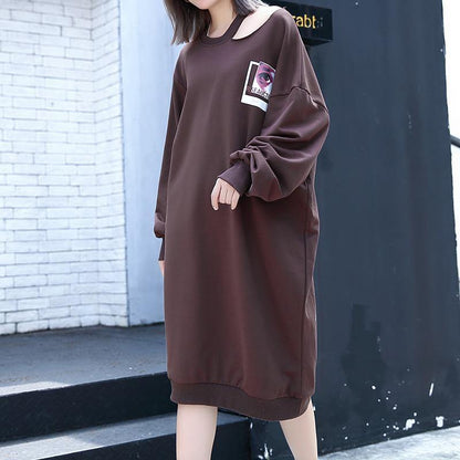 Chocolate Print Cotton Blended Knee Dress Baggy Dresses Fine Asymmetrical Collar Knee Dresses