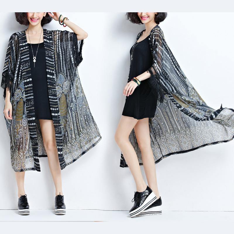 Black Chiffon Coats Tassel Summer Cardigans