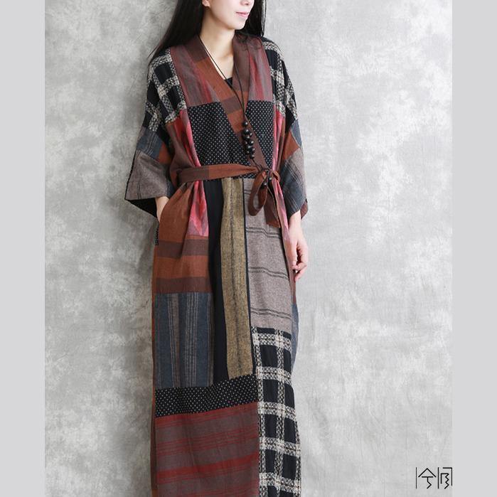Gray Autumn Linen Dress Oversize Patchwork Traveling Clothing Long Sleeve Tie Waist Autumn Dress