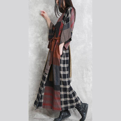 Gray Autumn Linen Dress Oversize Patchwork Traveling Clothing Long Sleeve Tie Waist Autumn Dress
