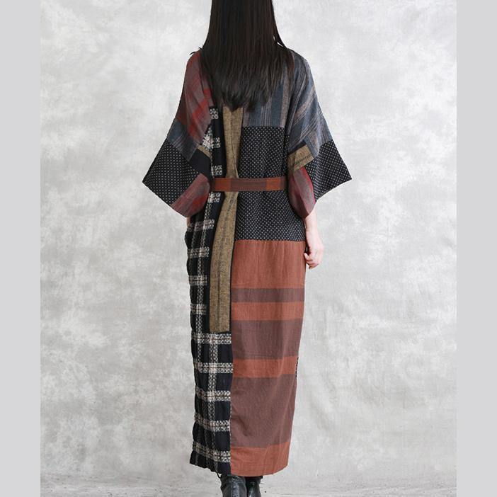 Gray Autumn Linen Dress Oversize Patchwork Traveling Clothing Long Sleeve Tie Waist Autumn Dress