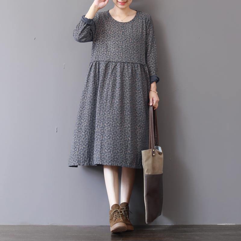 Gray Prints Natural Cotton Dress Loose Fitting Patchwork Traveling Clothing O Neck Autumn Dress