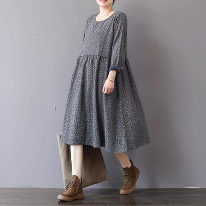 Gray Prints Natural Cotton Dress Loose Fitting Patchwork Traveling Clothing O Neck Autumn Dress