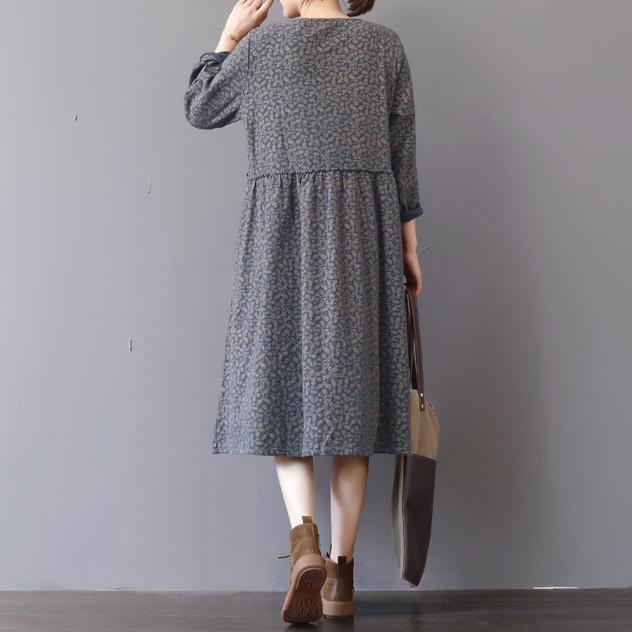 Gray Prints Natural Cotton Dress Loose Fitting Patchwork Traveling Clothing O Neck Autumn Dress