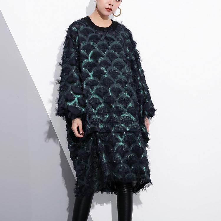 Green Midi-length Silk Polyester Dress Loose Fitting Shirt Dress New Tassel Long Sleeve Dresses