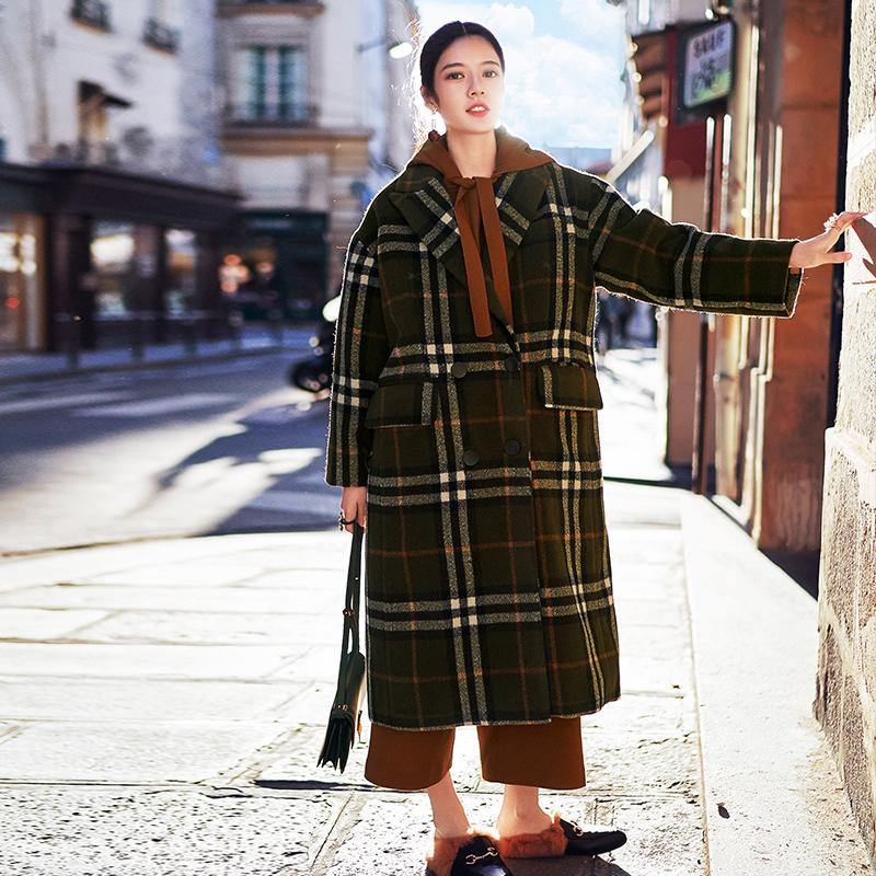 Green Plaid Long Coat Notched Maxi Coat Double Breasted Winter Coat
