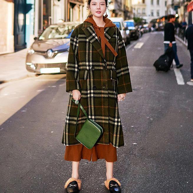 Green Plaid Long Coat Notched Maxi Coat Double Breasted Winter Coat