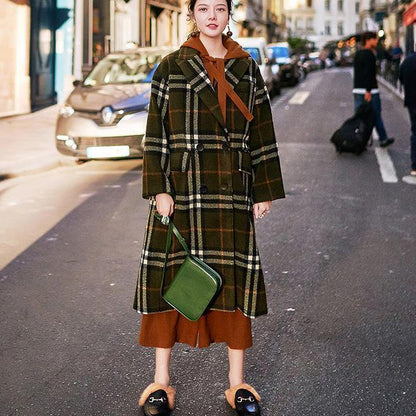 Green Plaid Long Coat Notched Maxi Coat Double Breasted Winter Coat