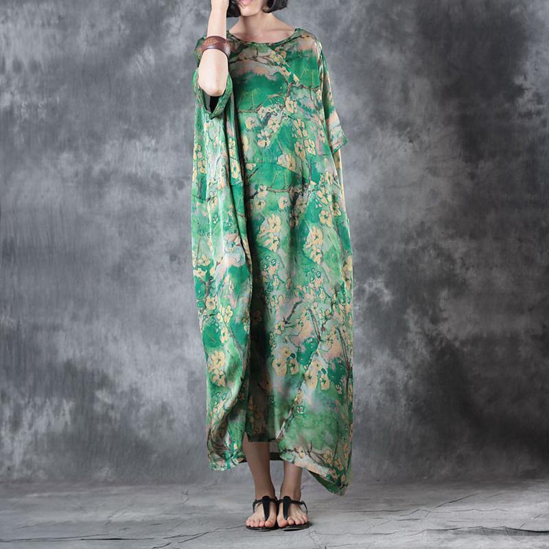 Green Natural Silk Dress Loose Fitting O Neck Baggy Dresses Traveling Clothing Short Sleeve Silk Long Dresses
