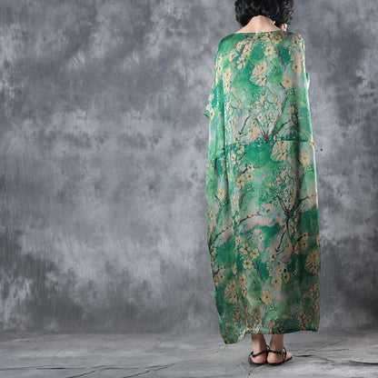 Green Natural Silk Dress Loose Fitting O Neck Baggy Dresses Traveling Clothing Short Sleeve Silk Long Dresses
