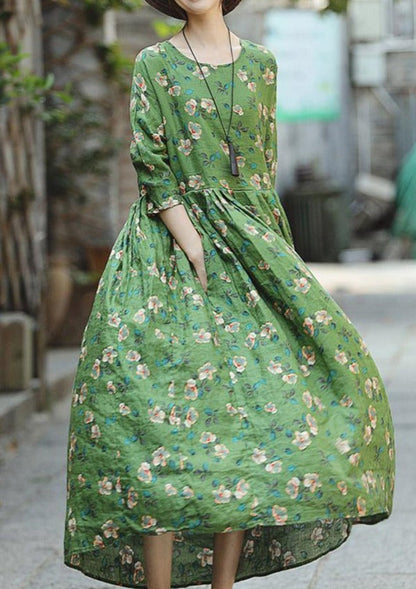 Green Print Natural Linen Dress Loose Fitting O Neck Linen Clothing Dresses Three Quarter Sleeve Baggy Dresses