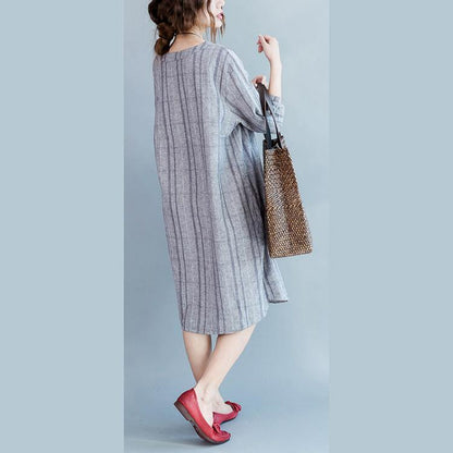 Light Gray Plaid Cotton Linen Dresses Half Sleeve Pockets O Neck Embroidery Cotton Linen Clothing Dresses