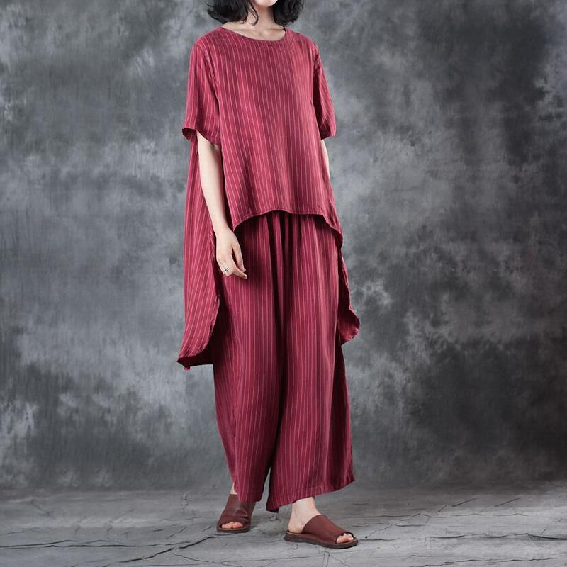 New Red Low High Design Silk Tops and Wide Leg Pants Two Pieces