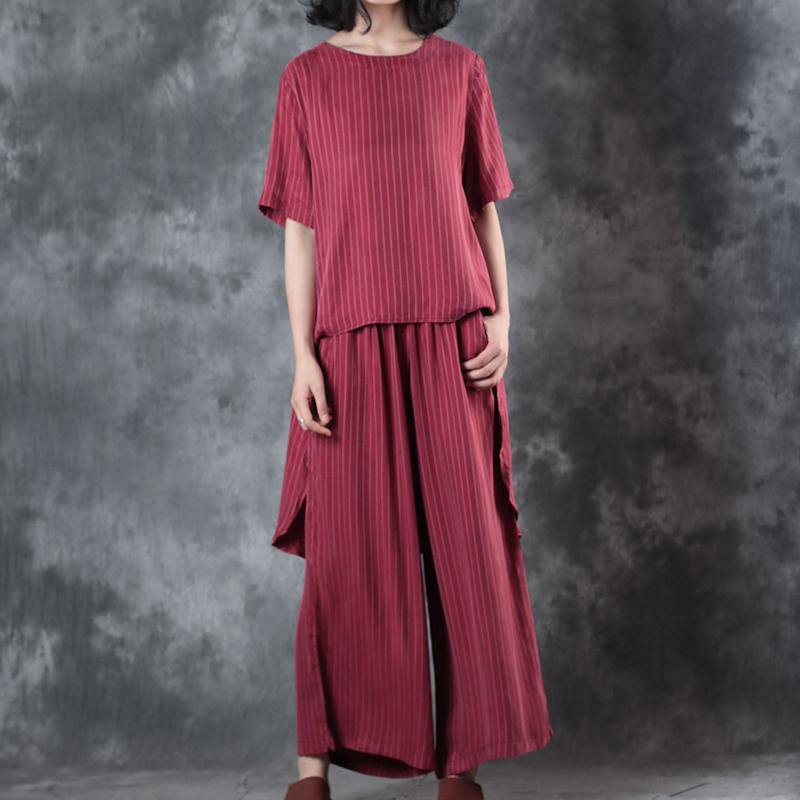 New Red Low High Design Silk Tops and Wide Leg Pants Two Pieces