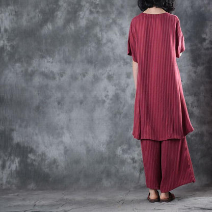 New Red Low High Design Silk Tops and Wide Leg Pants Two Pieces