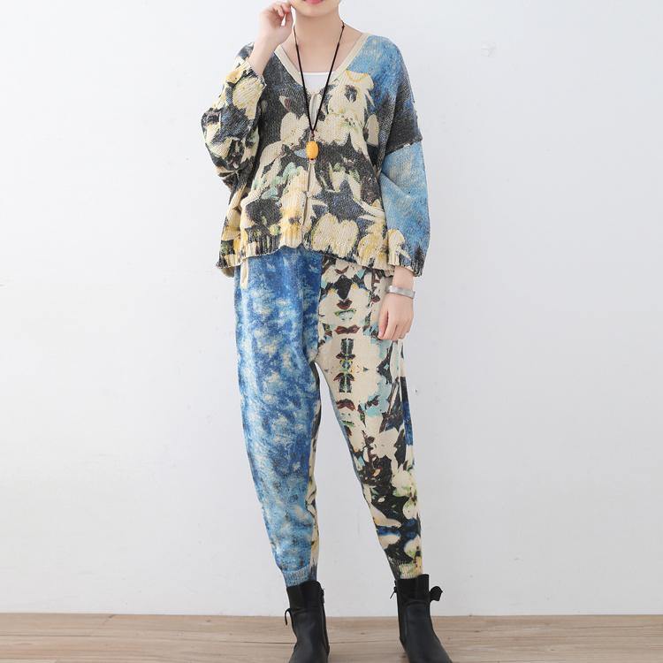 New Spring Two Pieces Blue Prints Knit Sweater and Patchwork Pants