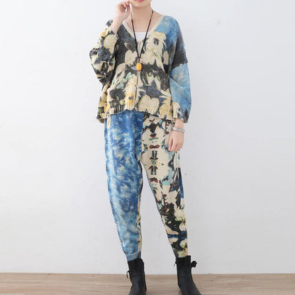 New Spring Two Pieces Blue Prints Knit Sweater and Patchwork Pants