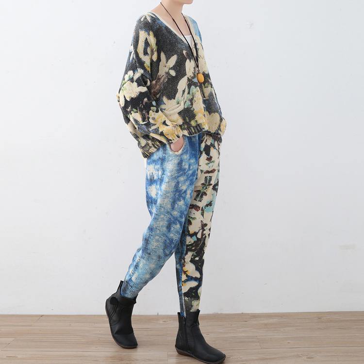 New Spring Two Pieces Blue Prints Knit Sweater and Patchwork Pants