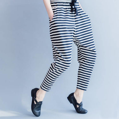 New Striped Cotton Crop Pants Cotton Elastic Waist Drawstring Harem Pants