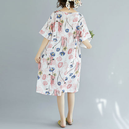 Pink Midi Cotton Dresses Cotton Dress Short Sleeve V Neck Cotton Clothing Dress