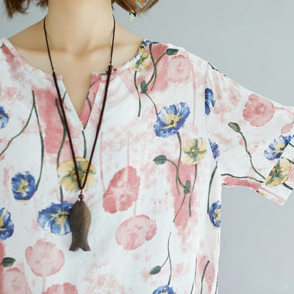 Pink Midi Cotton Dresses Cotton Dress Short Sleeve V Neck Cotton Clothing Dress