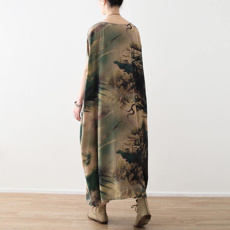 Prints Chiffon Maxi Dress Oversize O Neck Chiffon Maxi Dress Short Sleeve Maxi Dresses