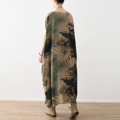 Prints Chiffon Maxi Dress Oversize O Neck Chiffon Maxi Dress Short Sleeve Maxi Dresses