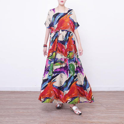 Prints Linen Maxi Dress Oversize O Neck Linen Maxi Dress Short Sleeve Maxi Dresses