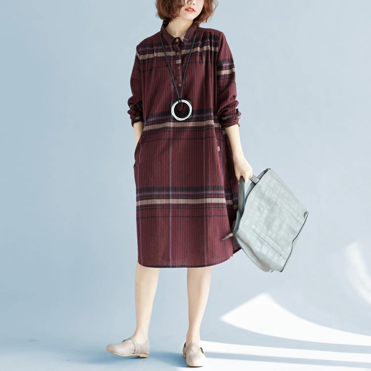 Red Plaid Natural Cotton Linen Shirt Dress Traveling Dress Long Sleeve Pockets Turn-down Collar Natural Cotton Linen Shirt Dress