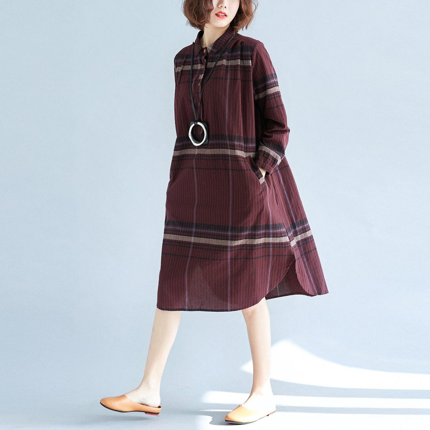Red Plaid Natural Cotton Linen Shirt Dress Traveling Dress Long Sleeve Pockets Turn-down Collar Natural Cotton Linen Shirt Dress