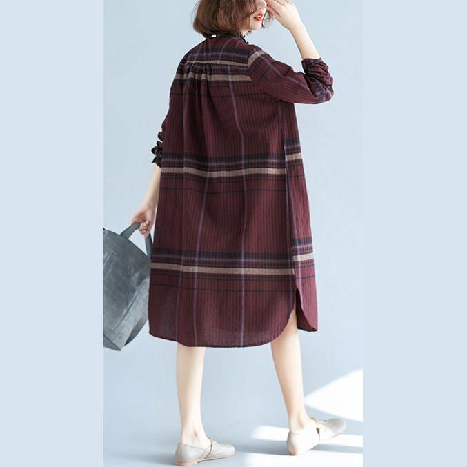 Red Plaid Natural Cotton Linen Shirt Dress Traveling Dress Long Sleeve Pockets Turn-down Collar Natural Cotton Linen Shirt Dress