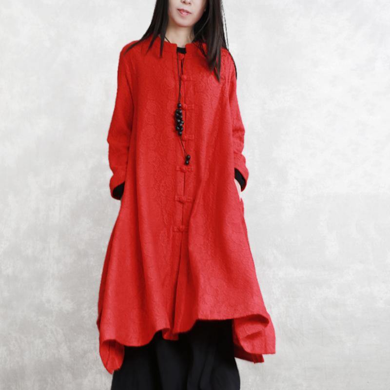 Red Coats Oversize Stand Jacquard Maxi Coat Long Sleeve Pockets Long Coat
