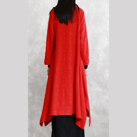 Red Coats Oversize Stand Jacquard Maxi Coat Long Sleeve Pockets Long Coat