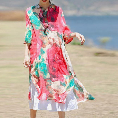 Red Print Chiffon Dresses Clothing Turn-down Collar Chiffon Clothing Dress Boutique Three Quarter Sleeve Side Open Dresses
