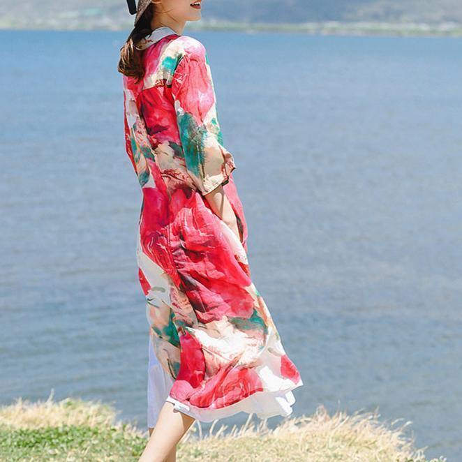 Red Print Chiffon Dresses Clothing Turn-down Collar Chiffon Clothing Dress Boutique Three Quarter Sleeve Side Open Dresses