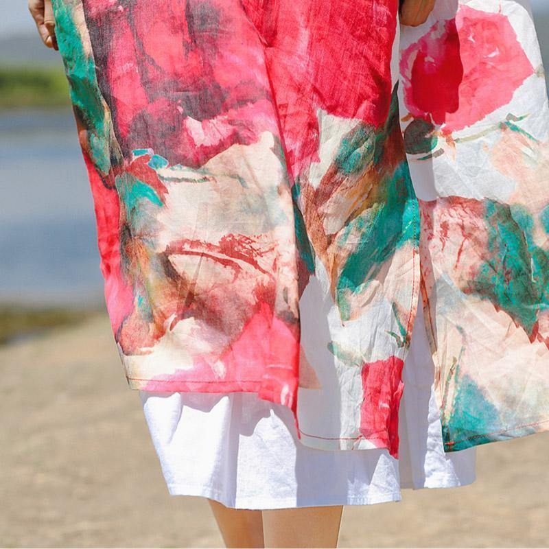 Red Print Chiffon Dresses Clothing Turn-down Collar Chiffon Clothing Dress Boutique Three Quarter Sleeve Side Open Dresses