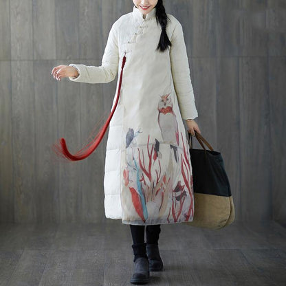 Thick White Print Down Coat Stand Collar Patchwork Chinese Button Down Coat