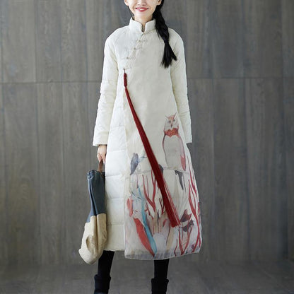 Thick White Print Down Coat Stand Collar Patchwork Chinese Button Down Coat