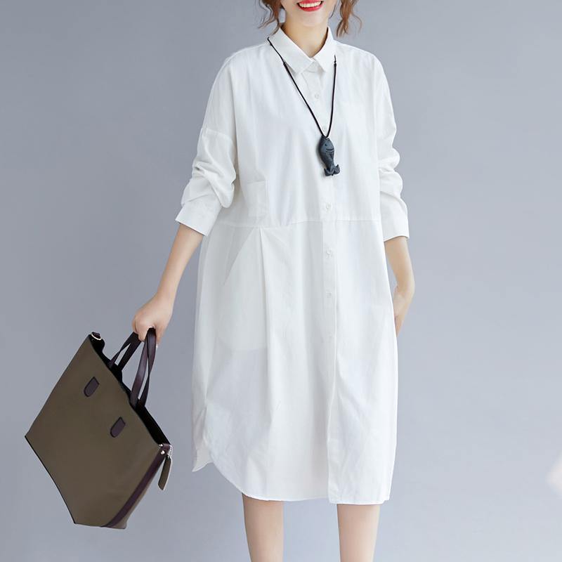 White Cotton Shirt Dress Traveling Clothing Long Sleeve Pockets Side Open Turn-down Collar Cotton Shirt Dress
