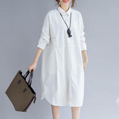 White Cotton Shirt Dress Traveling Clothing Long Sleeve Pockets Side Open Turn-down Collar Cotton Shirt Dress