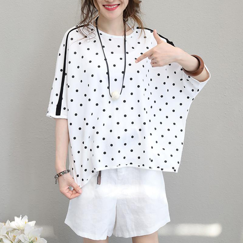 White Cotton Tops Shirts Fine Batwing Sleeve Dotted Cotton Tops