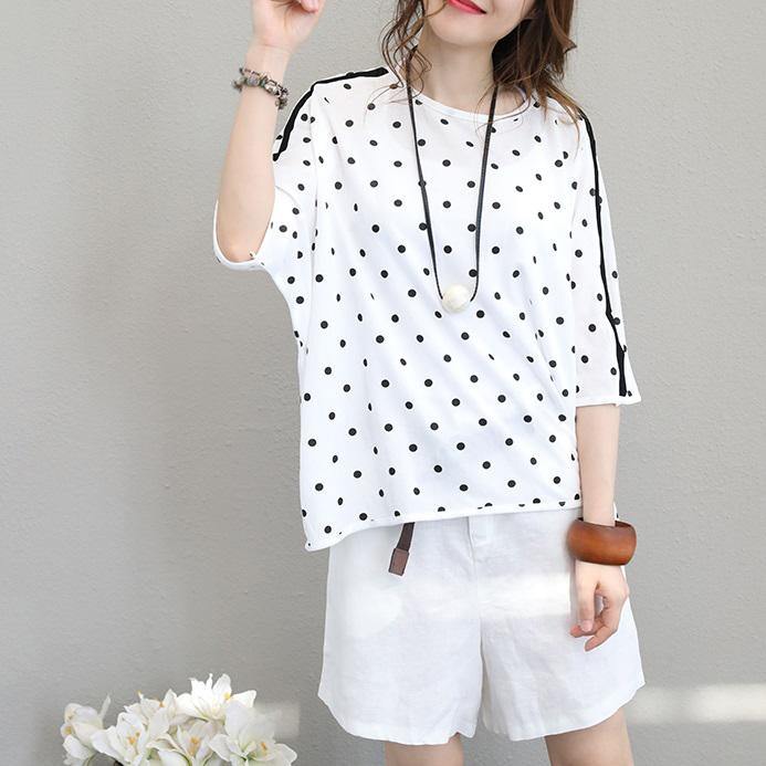 White Cotton Tops Shirts Fine Batwing Sleeve Dotted Cotton Tops