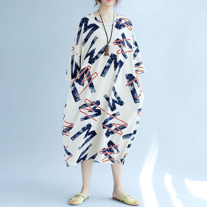 White Linen Shift Dresses Linen Maxi Dress Fine Bracelet Sleeve Alphabet Prints Linen Clothing Dress