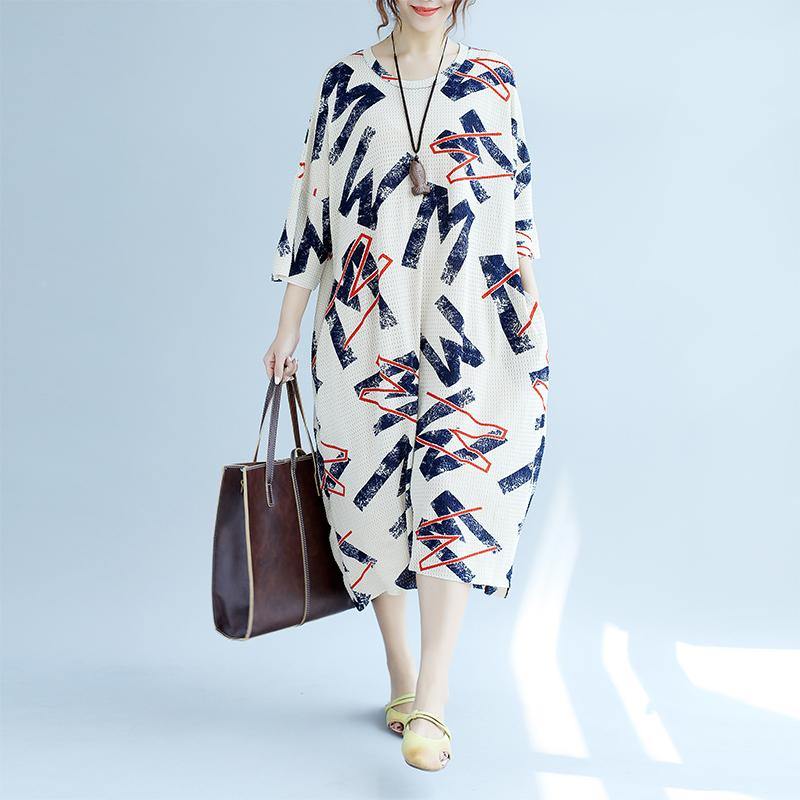 White Linen Shift Dresses Linen Maxi Dress Fine Bracelet Sleeve Alphabet Prints Linen Clothing Dress