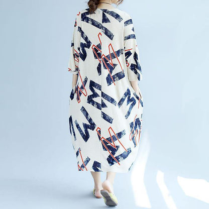 White Linen Shift Dresses Linen Maxi Dress Fine Bracelet Sleeve Alphabet Prints Linen Clothing Dress