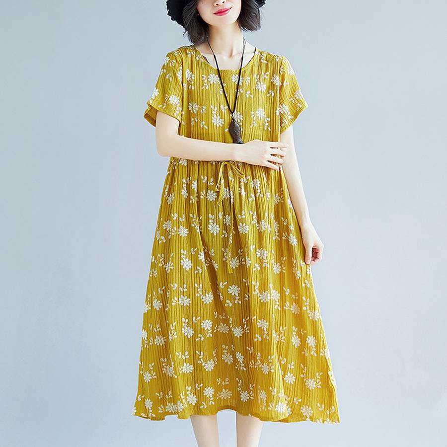 Yellow Cotton Blended Shift Dresses Oversize Clothing Dress New Short Sleeve Print Drawstring Clothing Dress