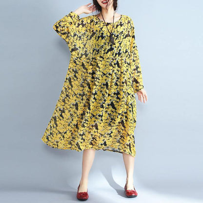 Yellow Natural Chiffon Dress Loose Fitting O Neck Traveling Dress