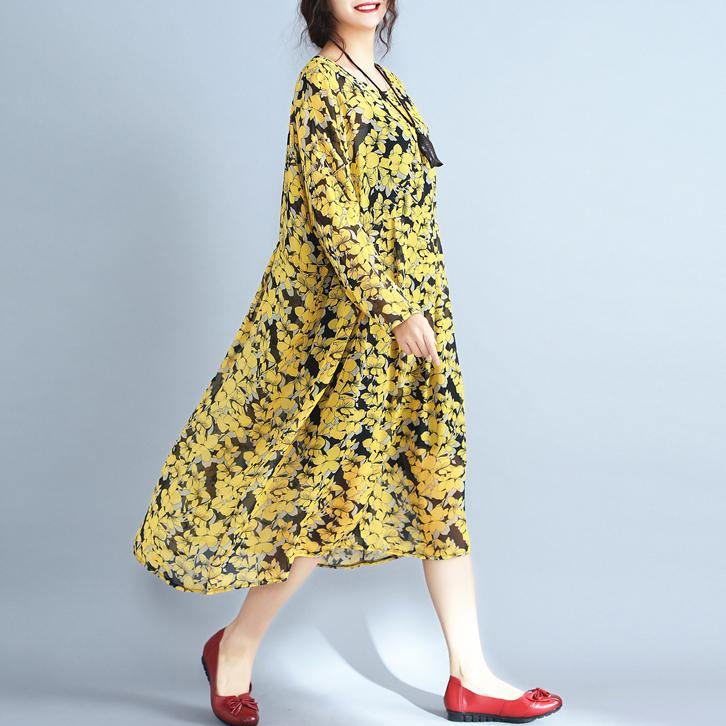 Yellow Natural Chiffon Dress Loose Fitting O Neck Traveling Dress